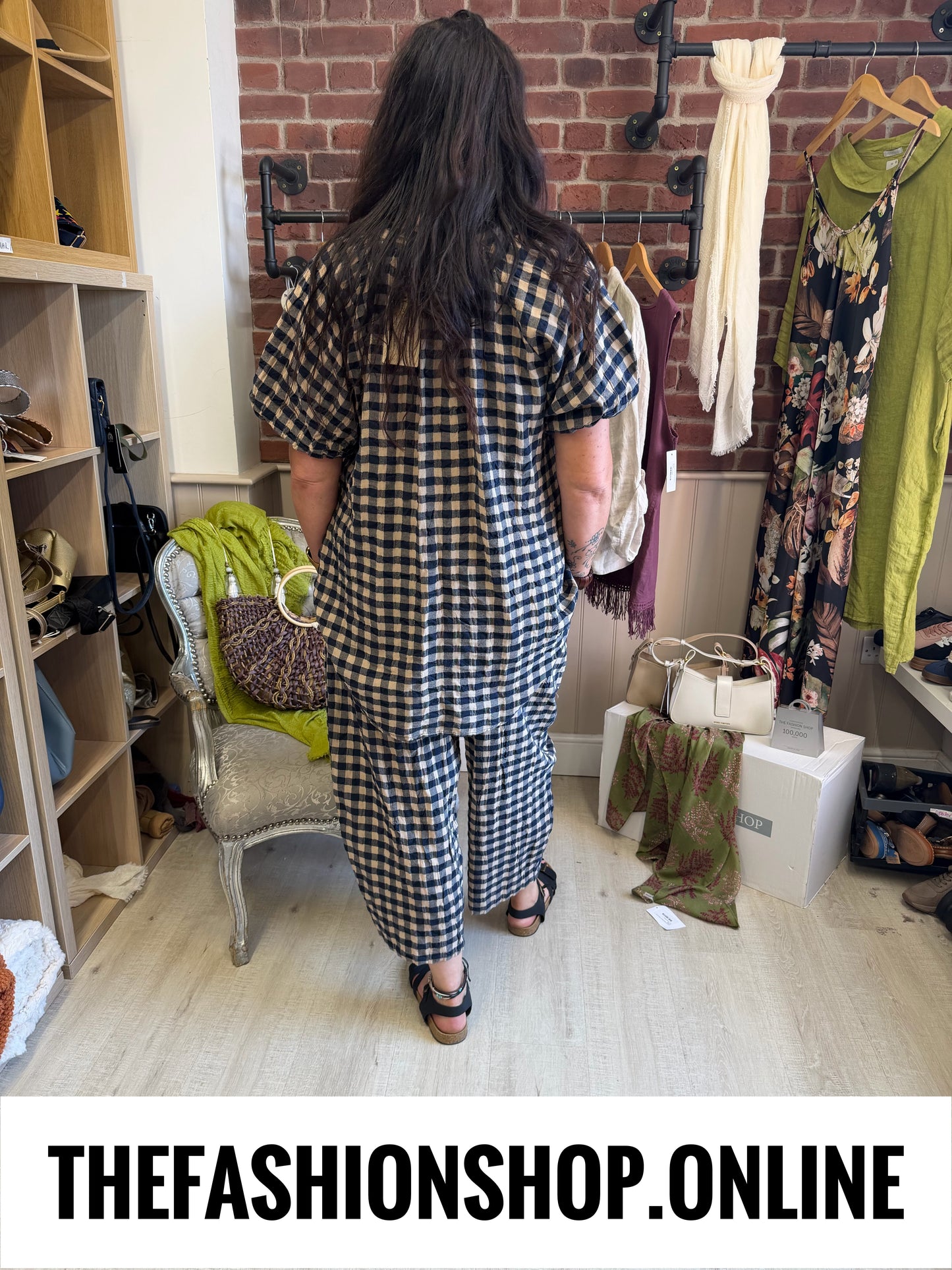 Astrid navy and mocha gingham balloon trousers 8-16
