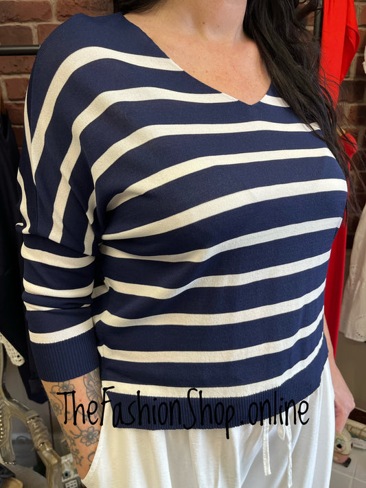 Karen navy and white striped V neck top 12-18