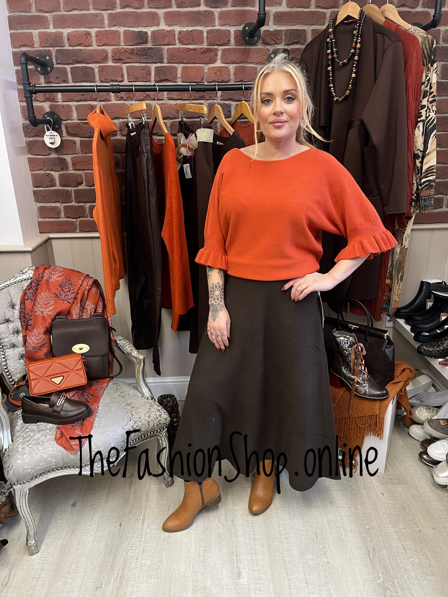 Tess burnt orange jumper with frill sleeve 8-14