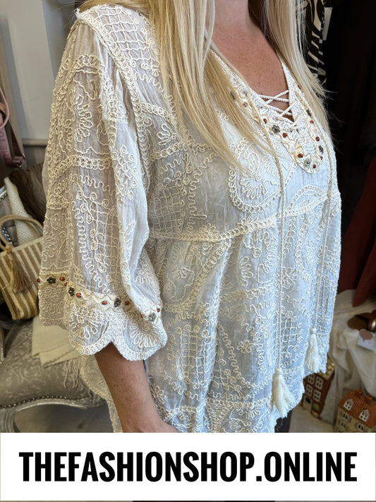 Amelia cream embroidered smock 10-14
