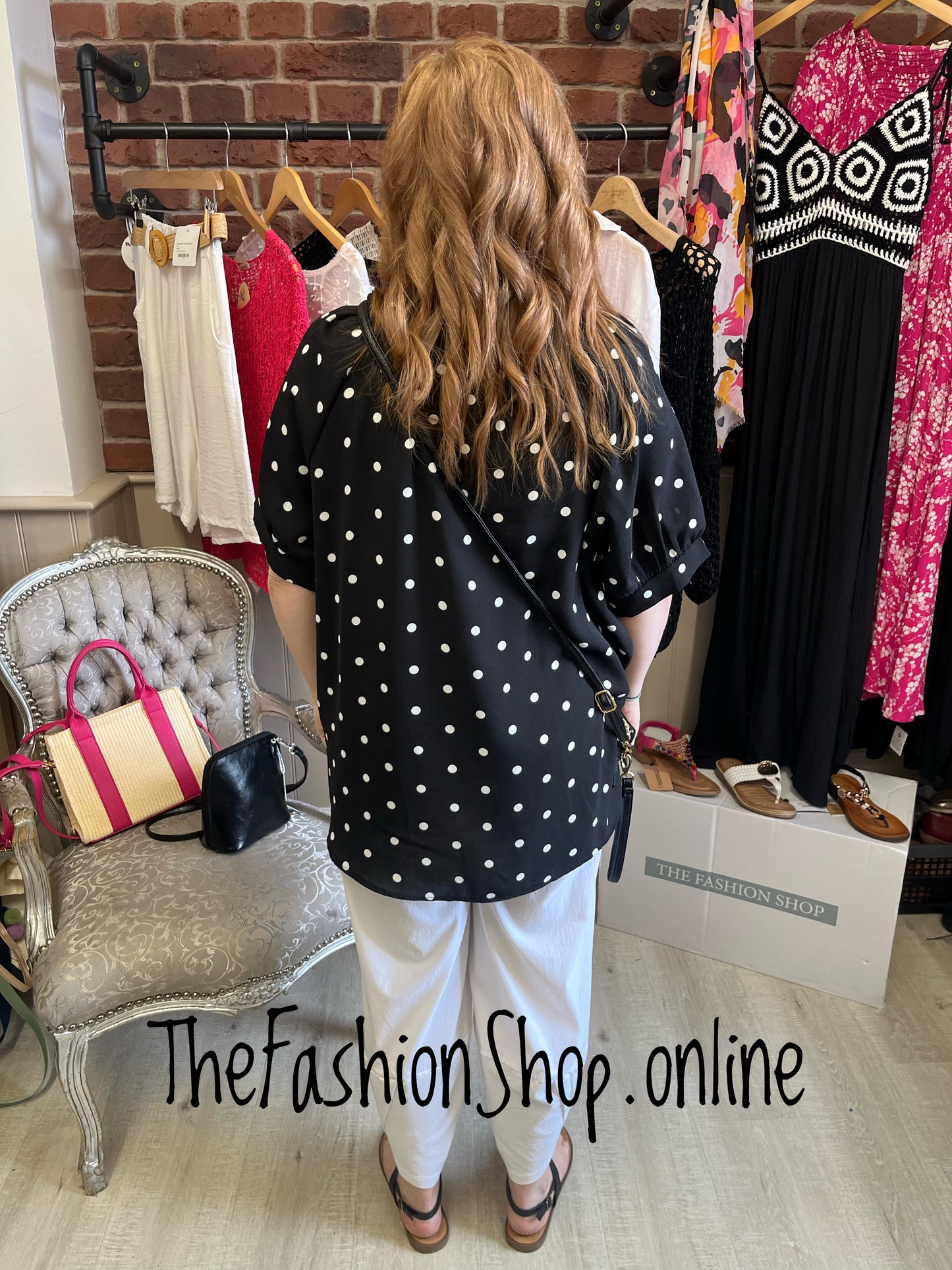 Natalie black and white spot button blouse 12-16