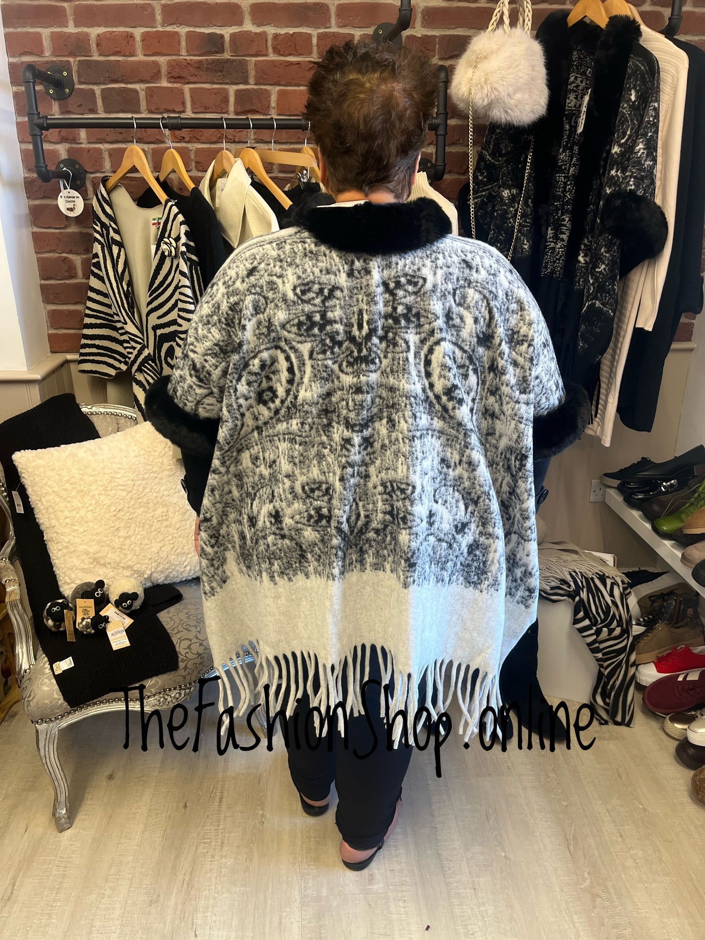 Whitney black and grey faux fur cape - free size