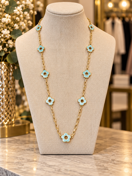 Envy long gold and pearl green clover necklace