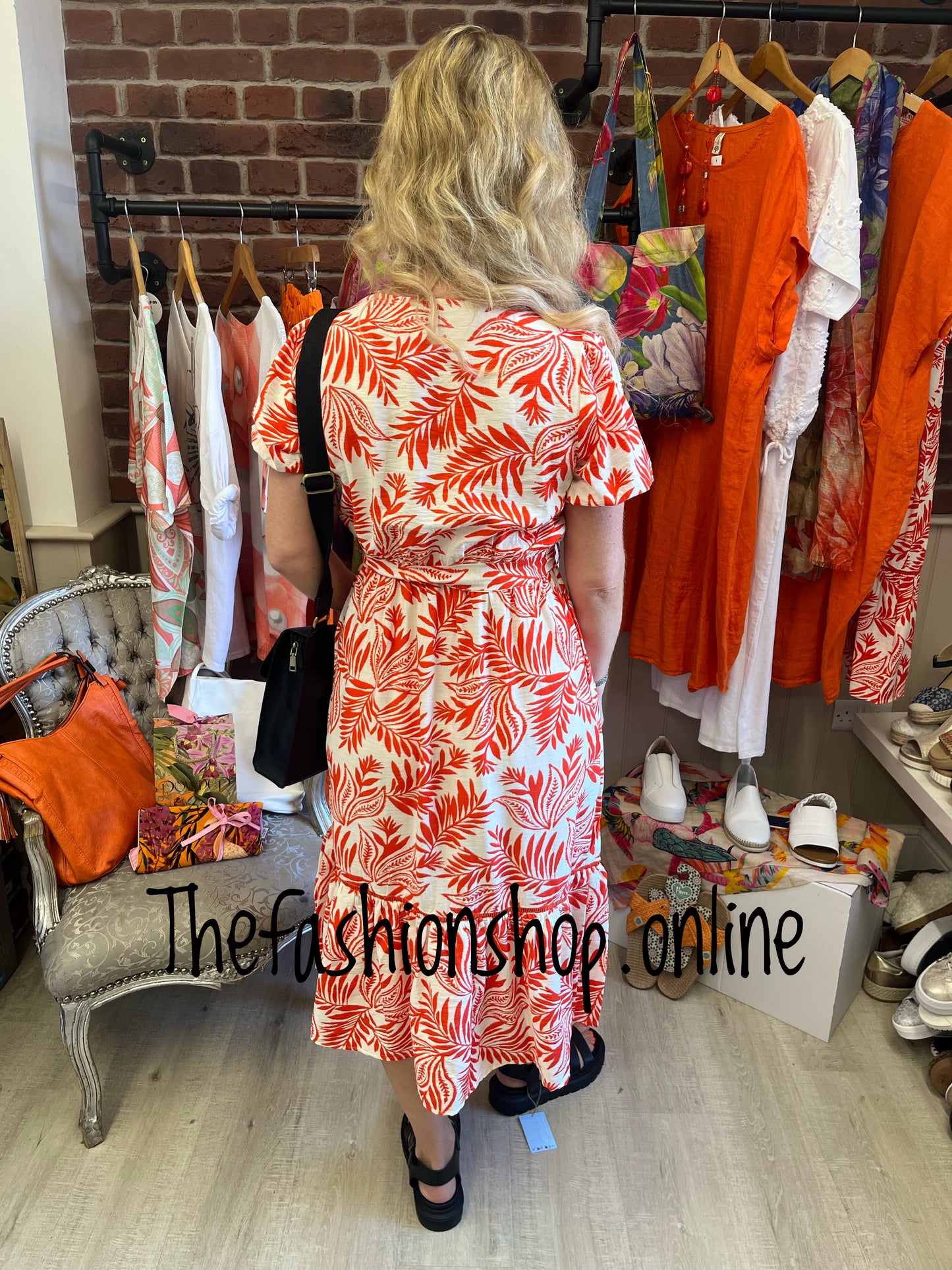 Nicola orange and white palm dress 10, 12, 14 and 16