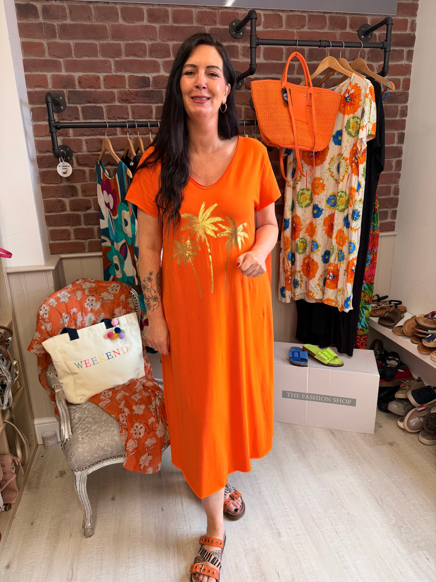 Eden orange palm tree dress 10-18