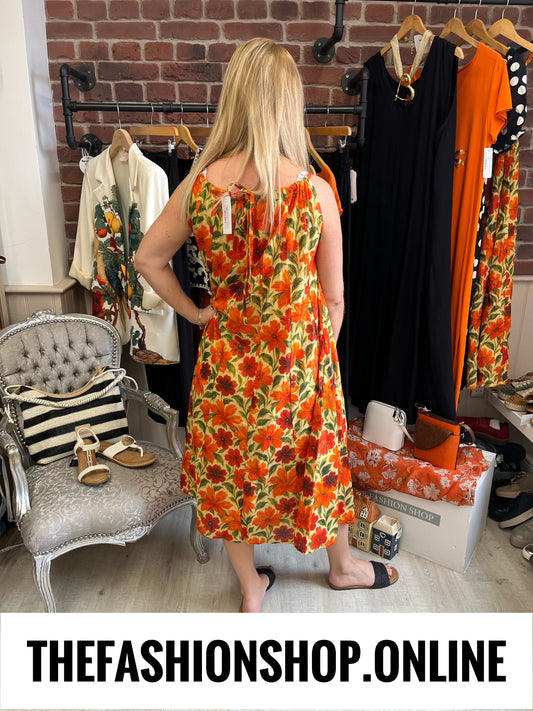Casey red and orange botanical flowers dress 10-18
