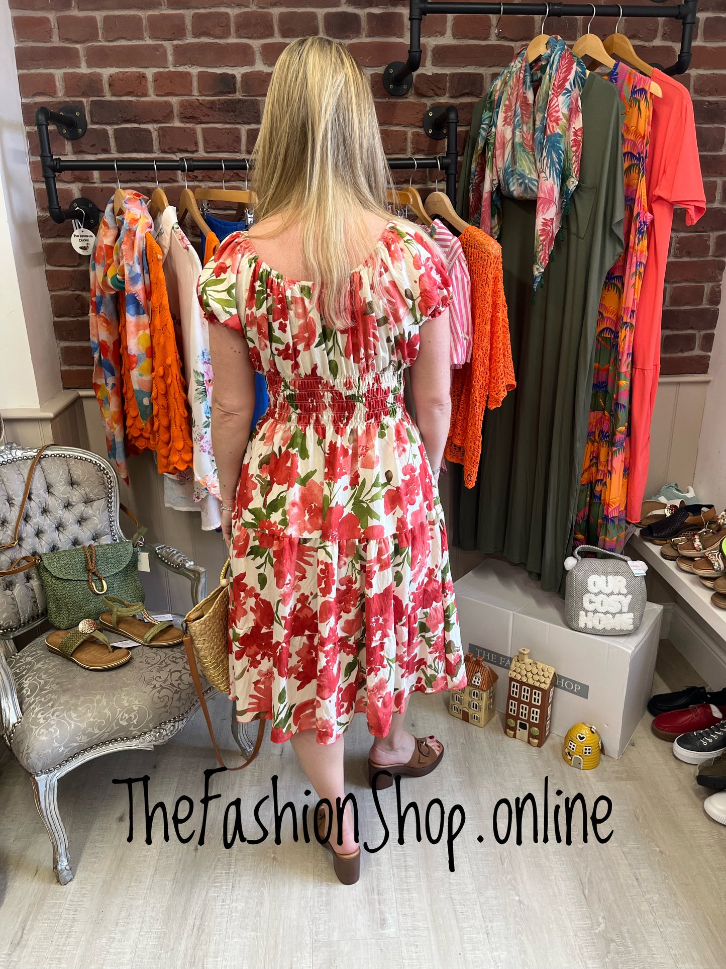 Avril Coral Red and Green floral gypsy midi dress 8-16