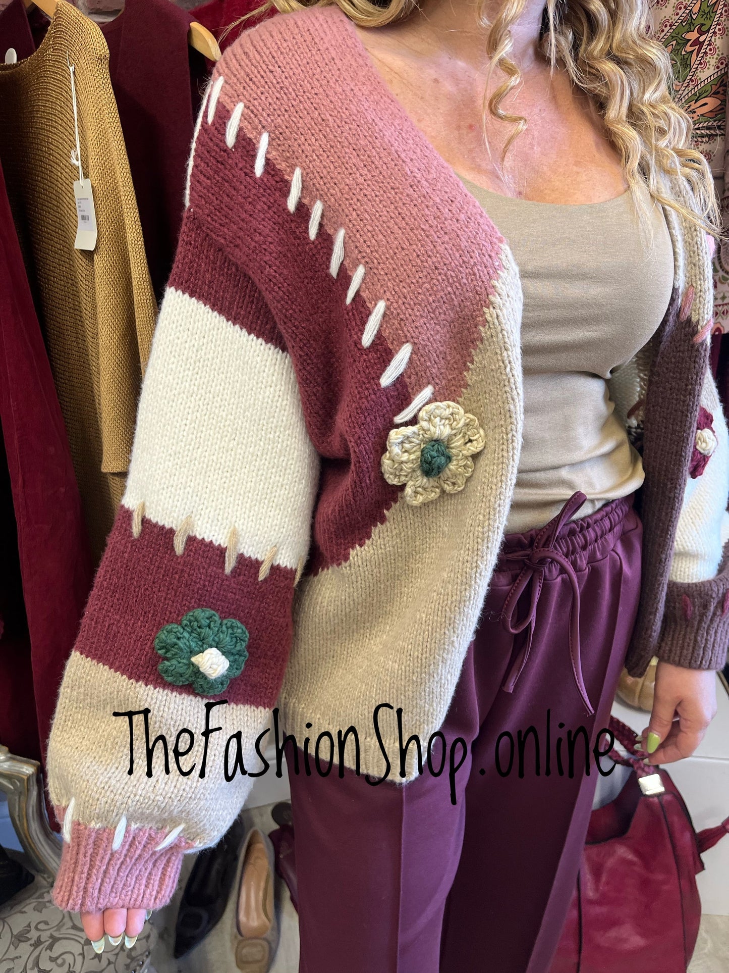 Esme wine and camel wool mix cardigan 10-16