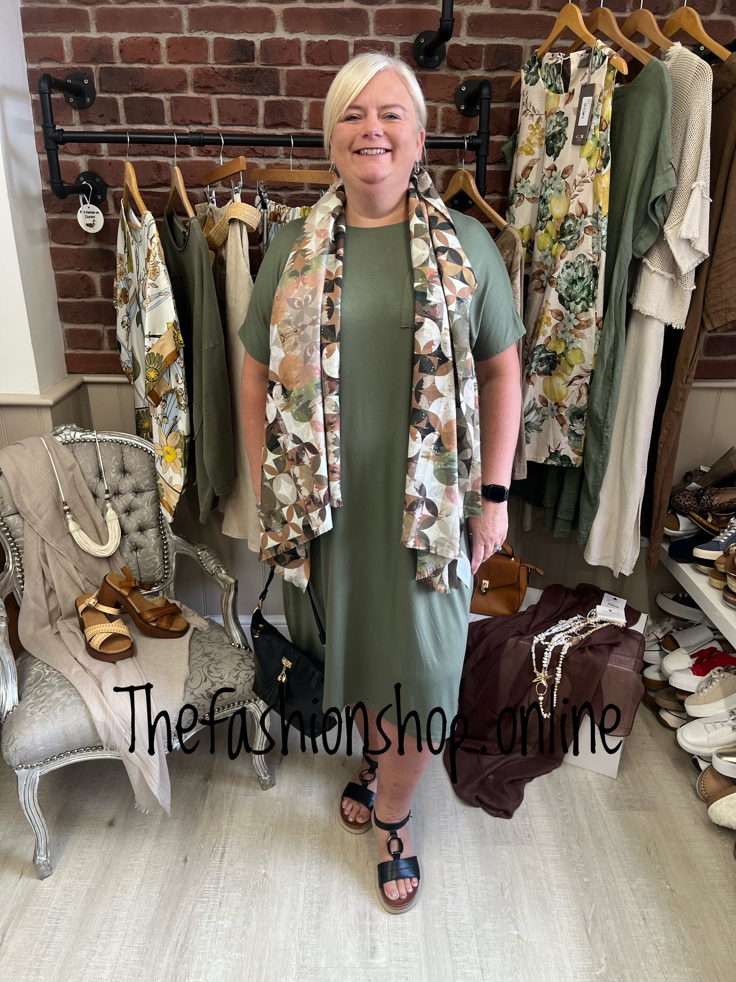 Khaki midi dress up dress down dress 16-26