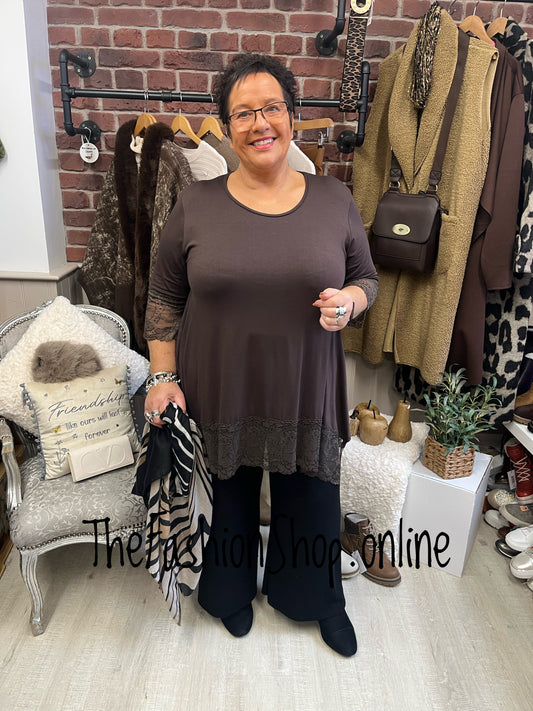 Sophie Chocolate Brown Lace Trim Tunic Top 16-24