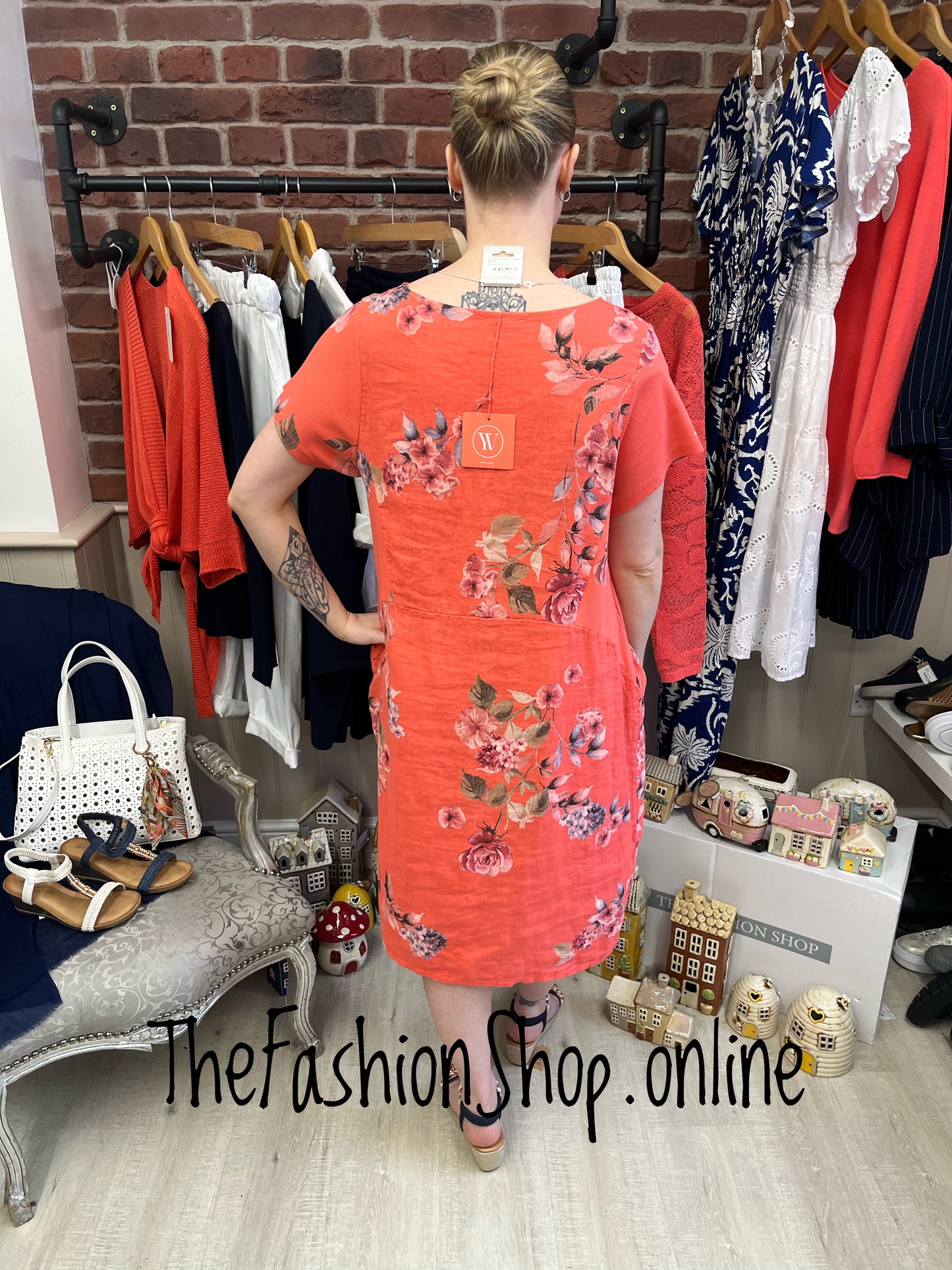 Helena coral linen floral dress 12-16