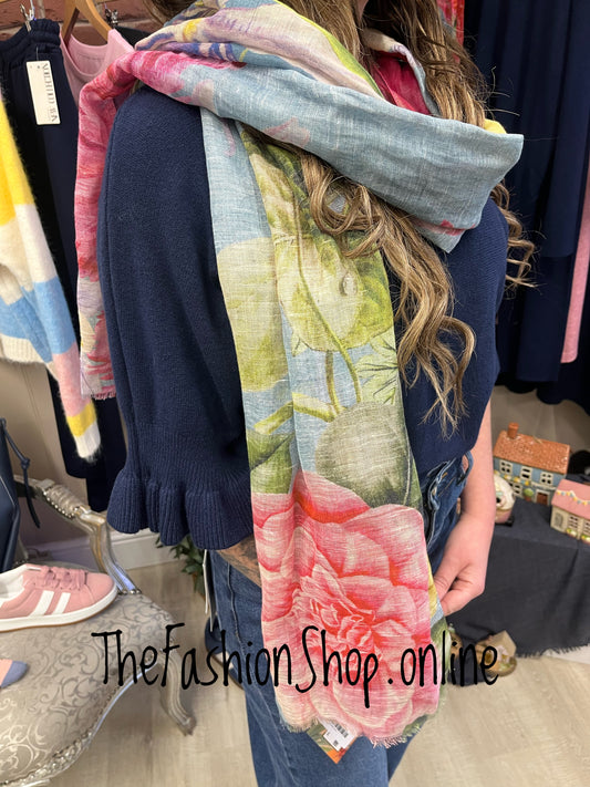 Powder Floral Study Scarf in cotton and linen Denim