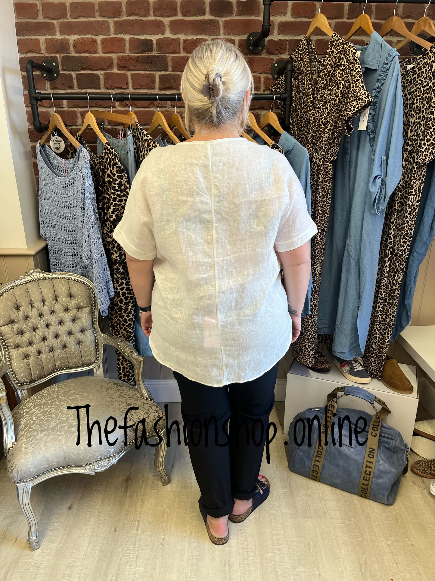 Fly Out blue and white linen high low top 14-18