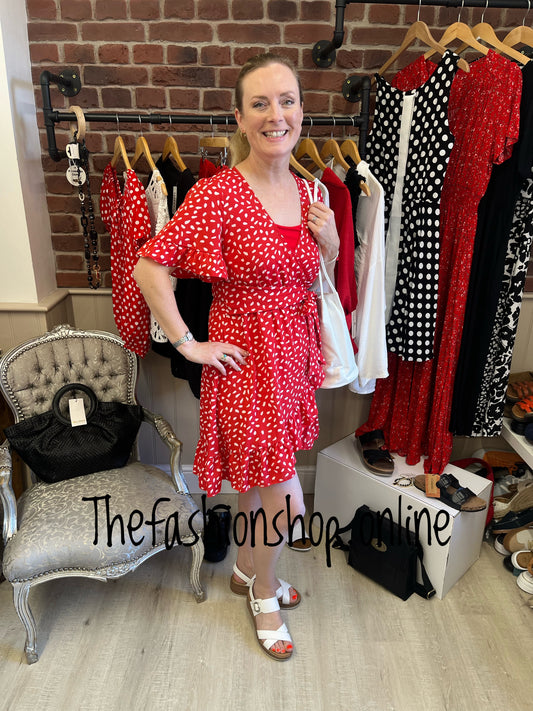 Red and white crossover knee length dress sizes 8-16