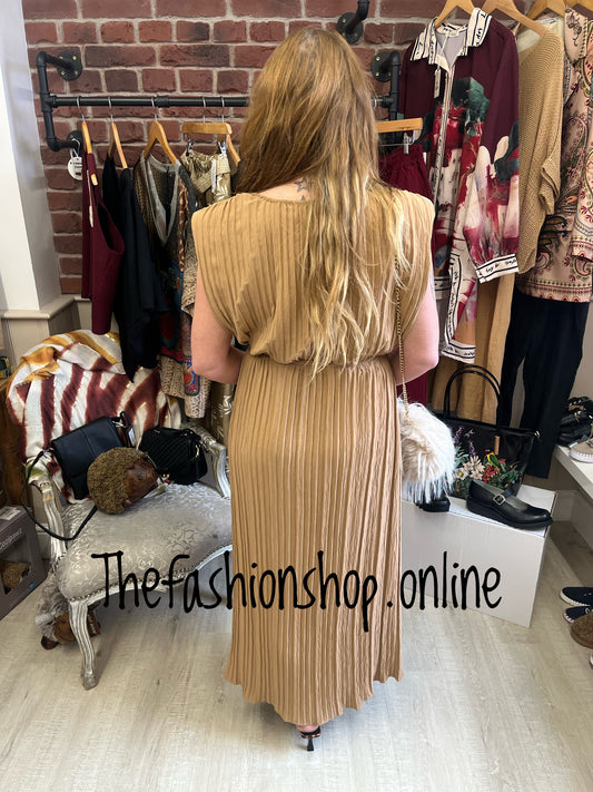 Sophie camel pleated dress 10-18