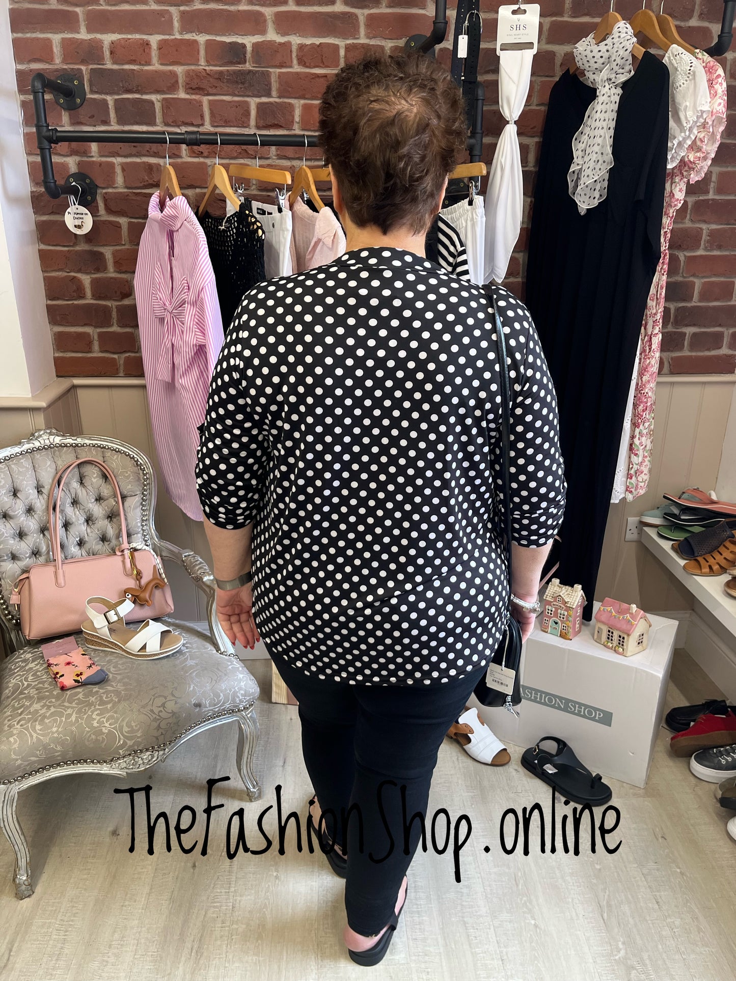 Jasmine Black with White Polka Dot print blouse 14-22