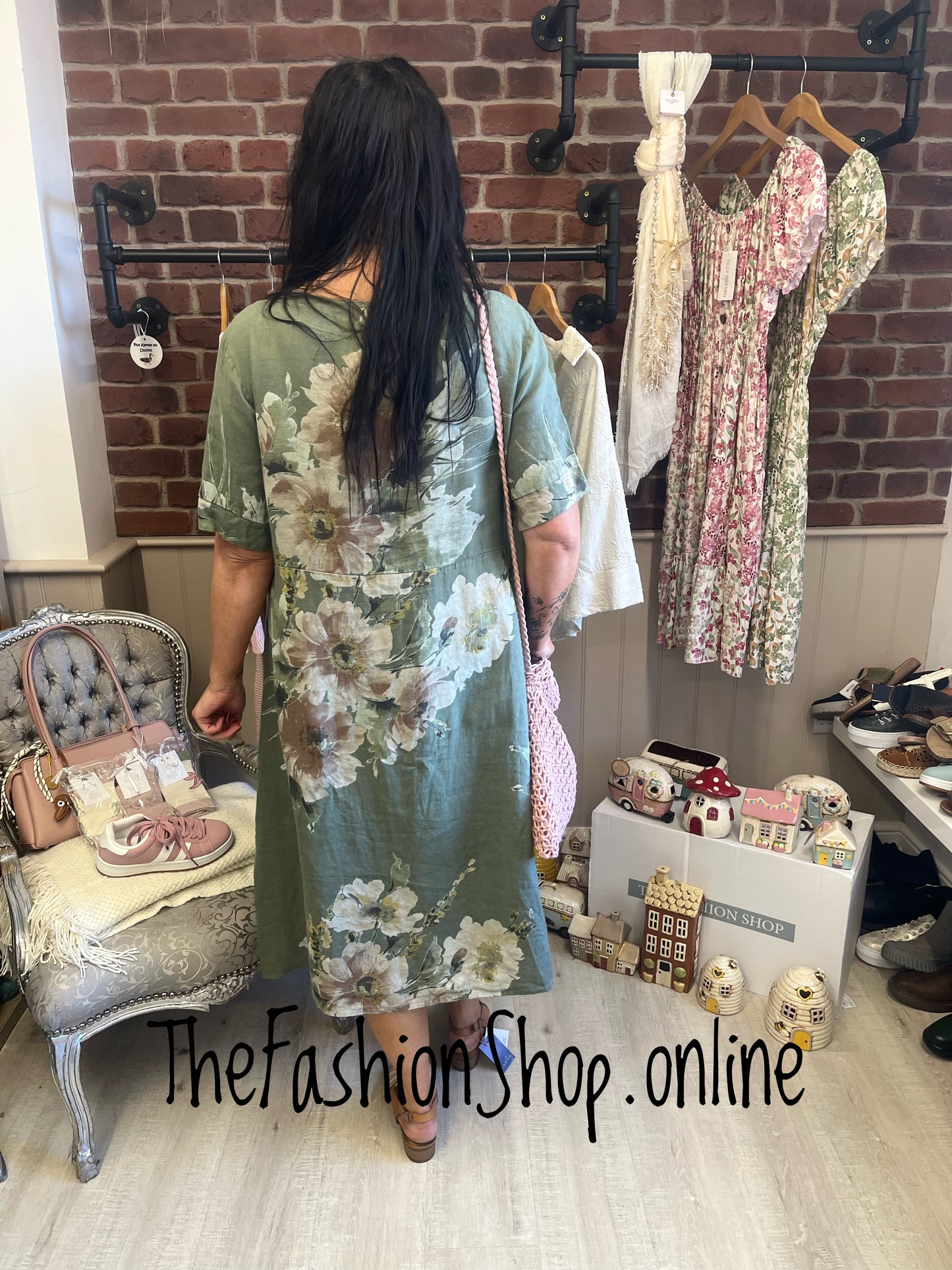 Lucille khaki linen floral dress 12-18