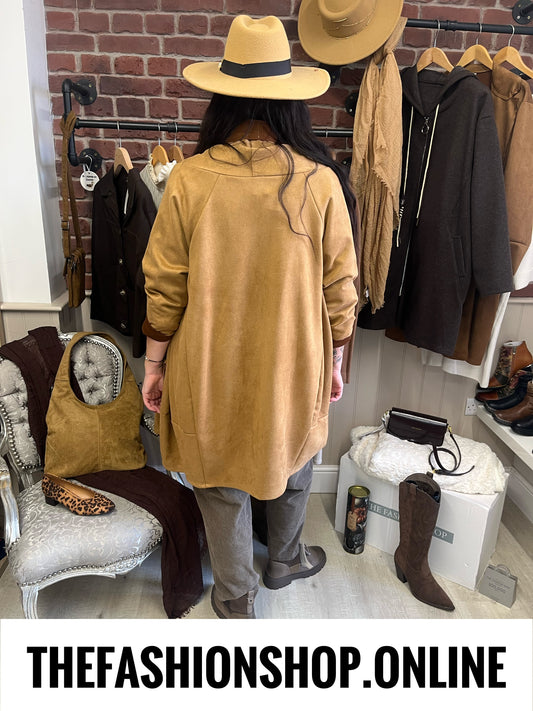 Heidi camel faux suede waterfall jacket 16-22