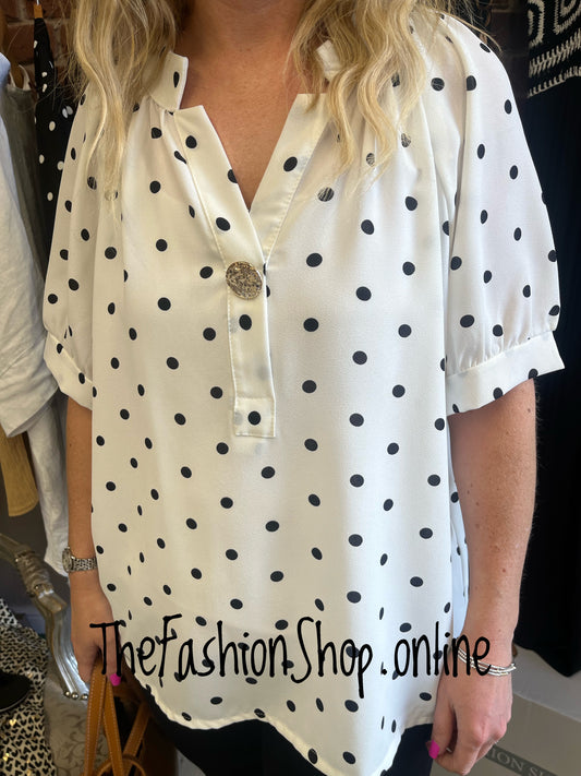 Natalie white and black spot button blouse 12-16