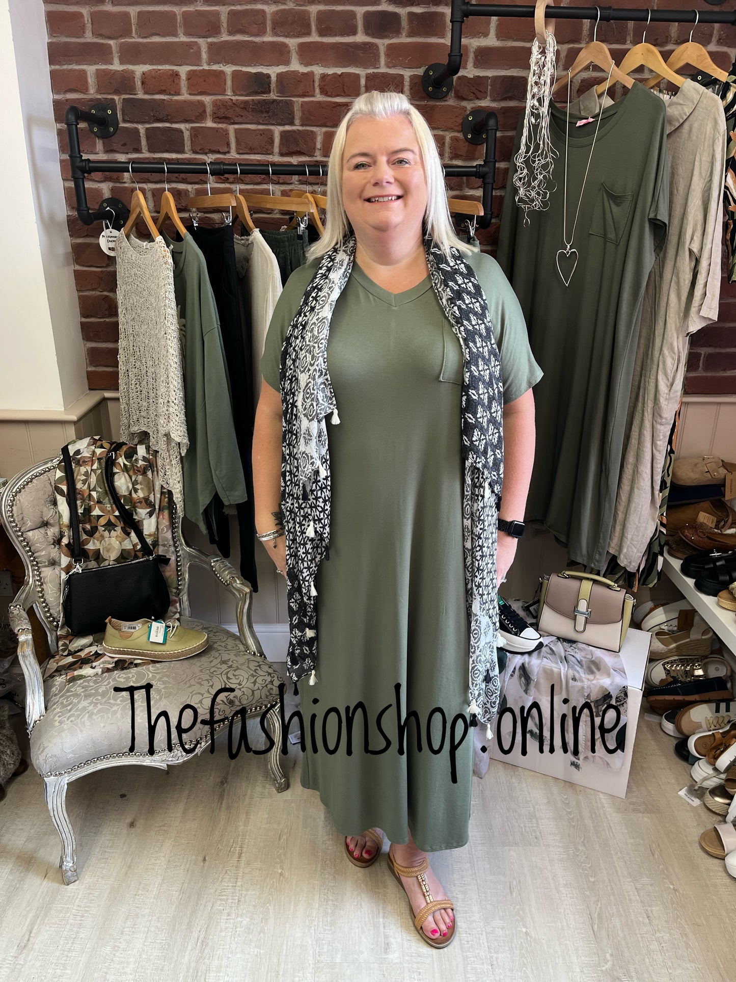 Khaki V neck dress up dress down dress with side split 16-26