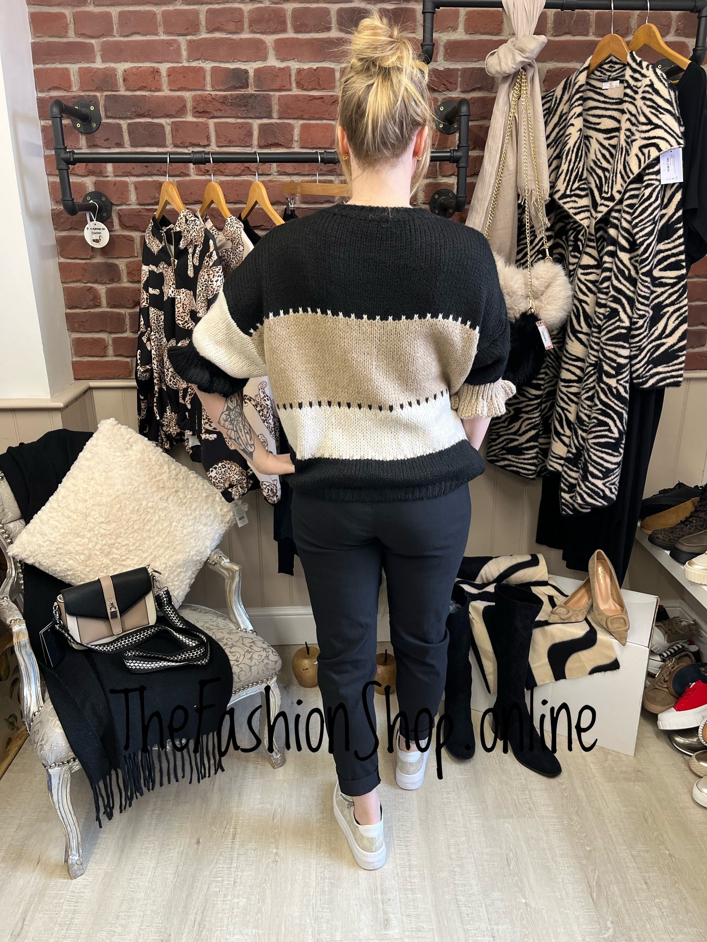 Bethany black, mocha and cream colour block jumper 8-16