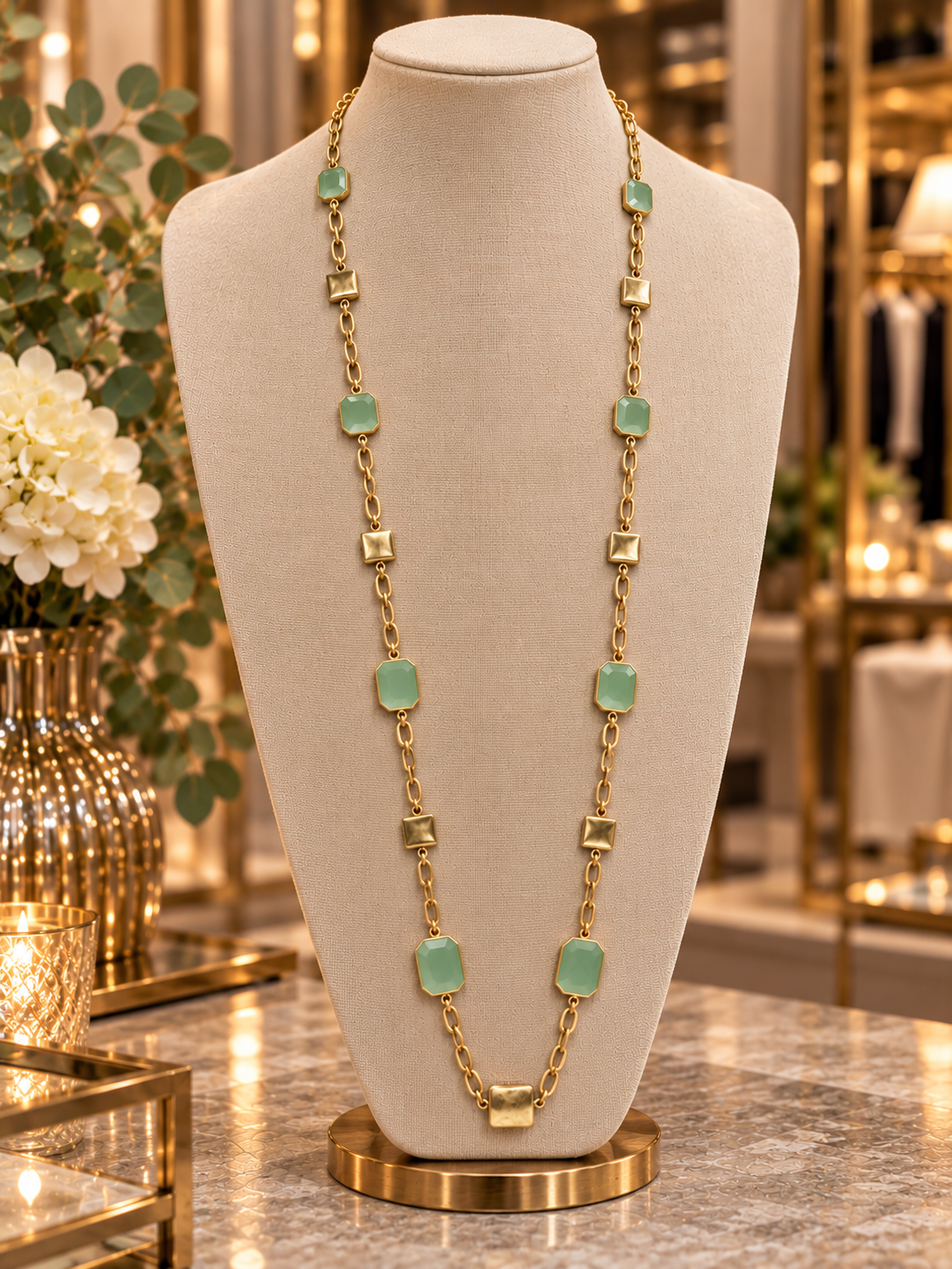 Envy gold squares with green stones necklace