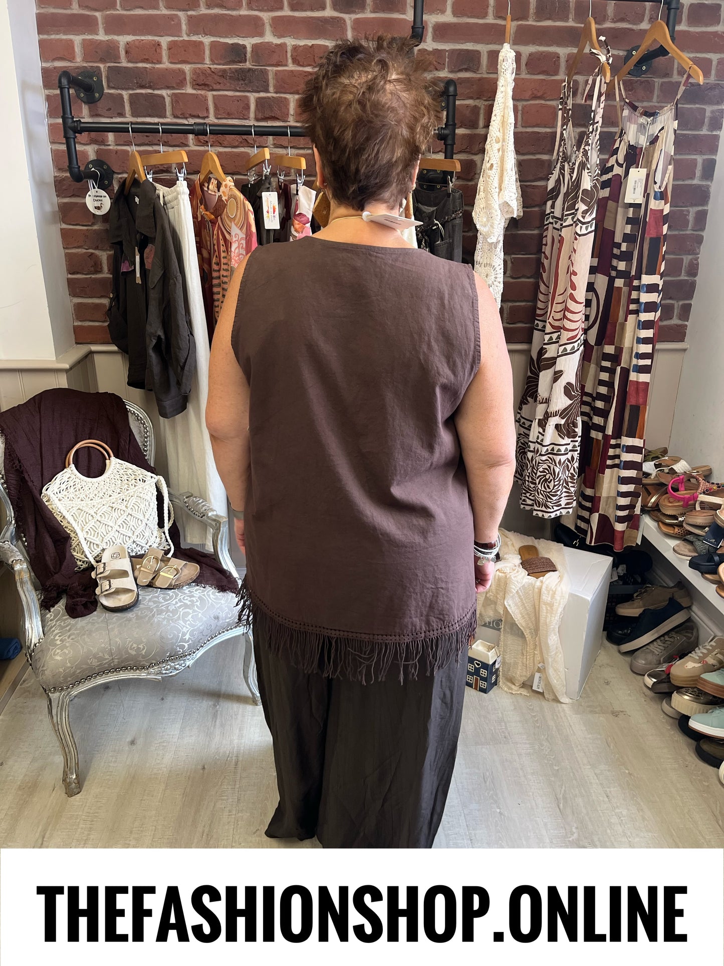 Saskia brown linen mix tassel top 16-20