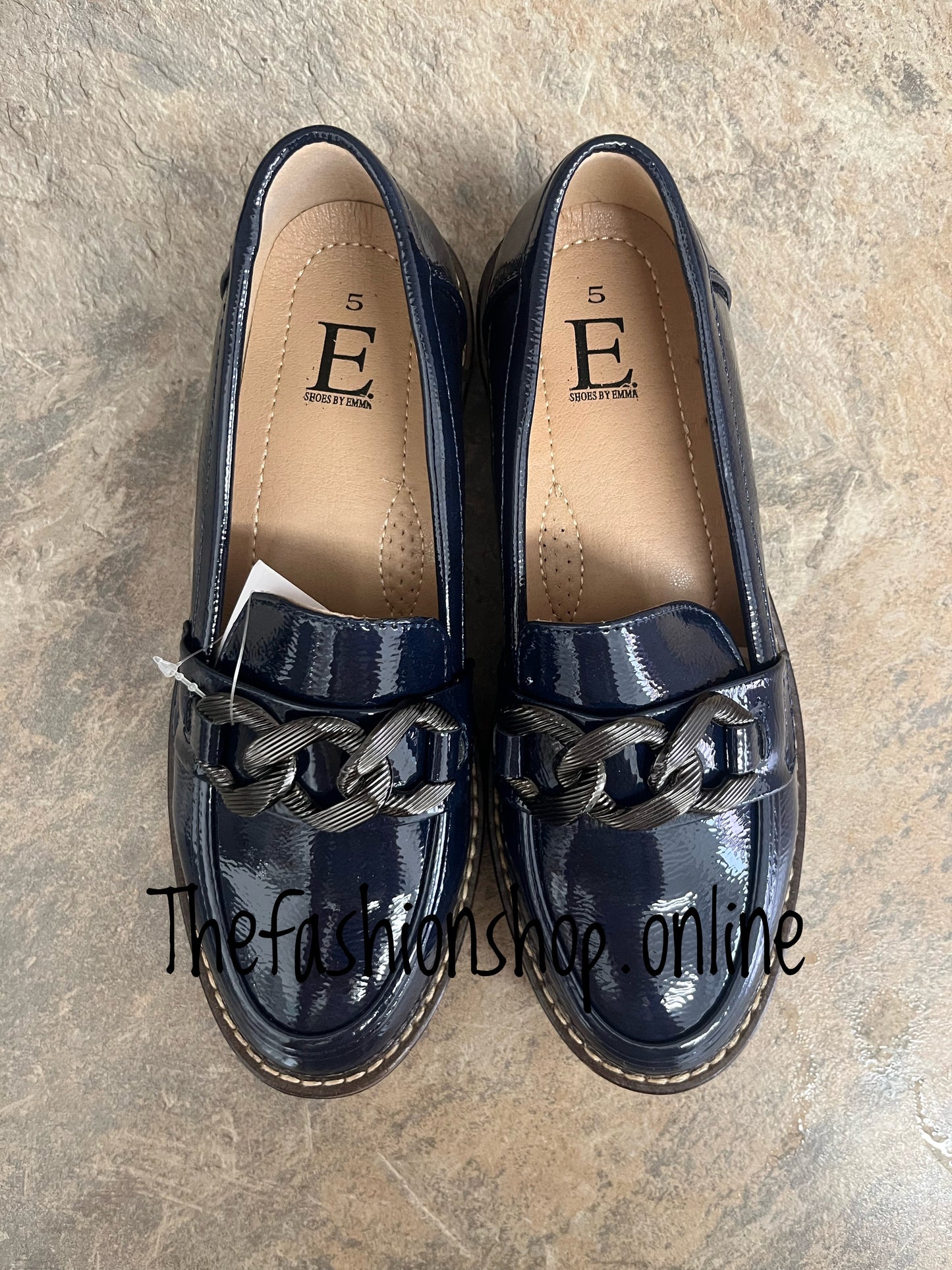 Adeline navy patent chain loafer sizes 4-8