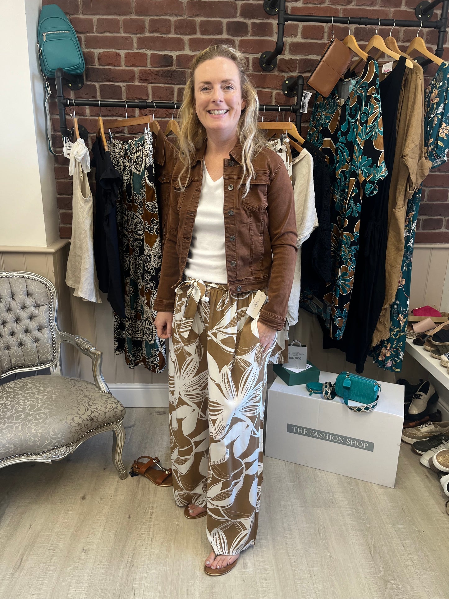 Camel and white leaf print trousers with tie belt 10-18