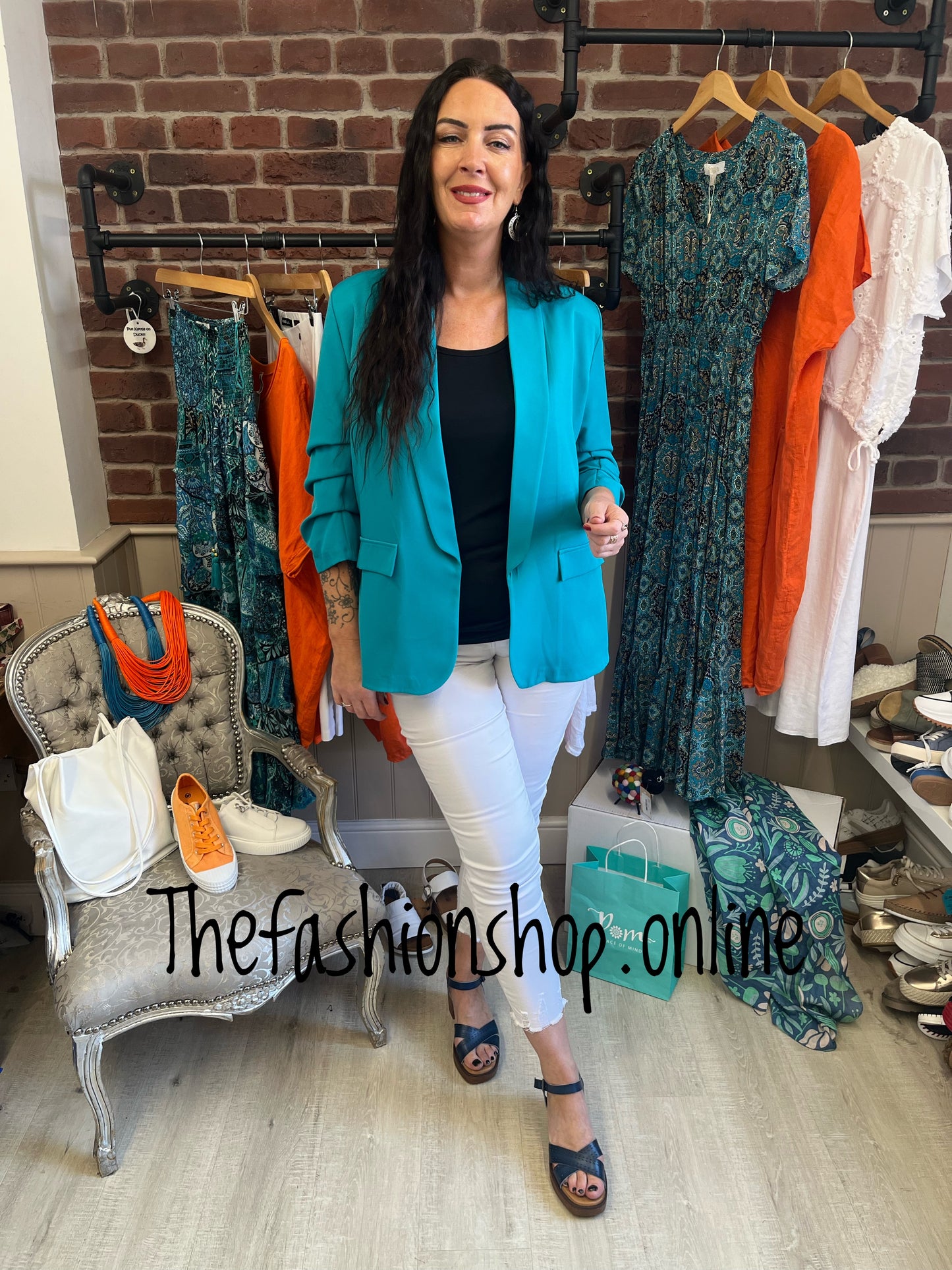 Imogen teal blazer with ruched sleeves 10-16