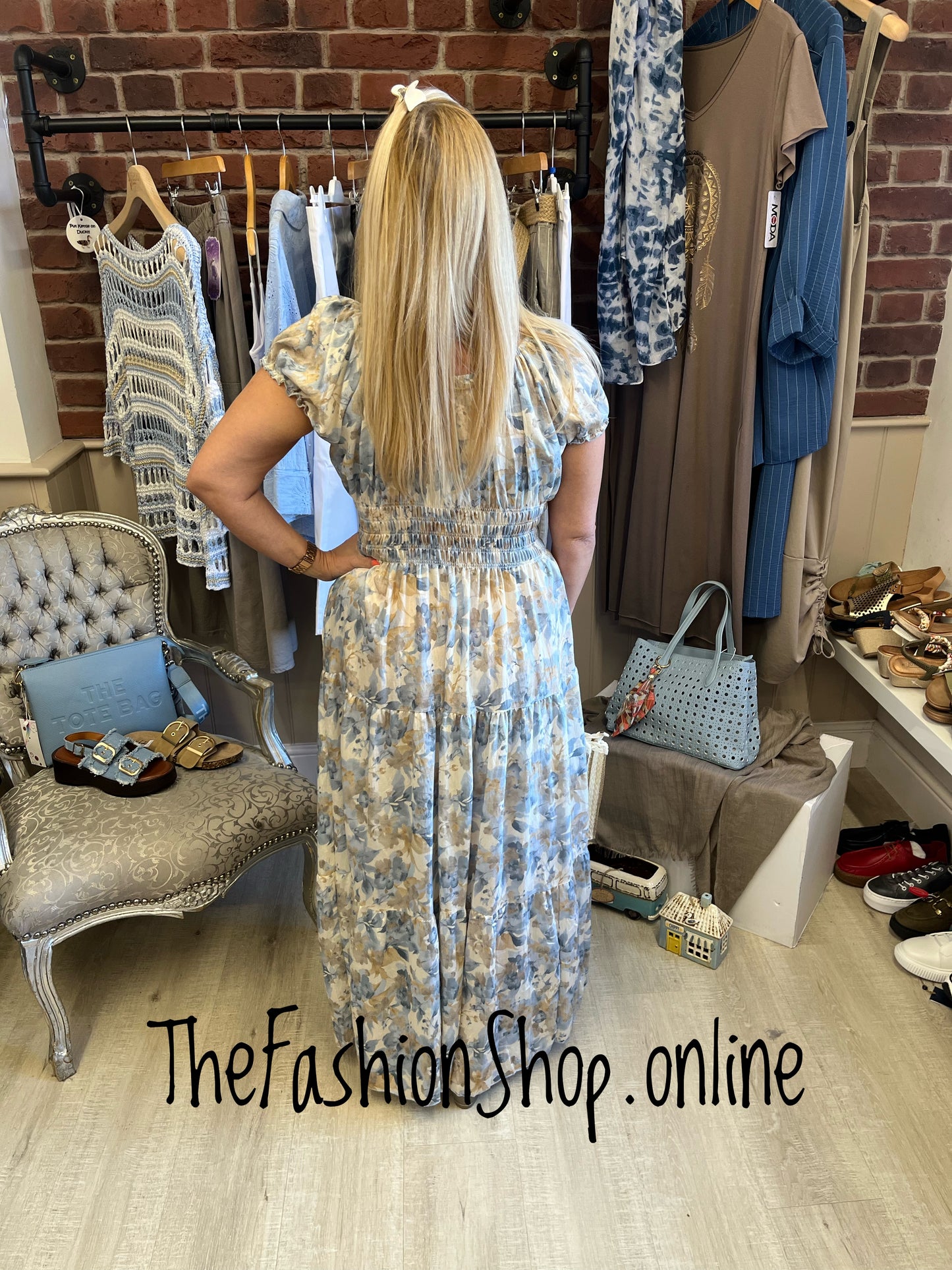 Lillie denim blue and mocha floral gypsy maxi dress 8-18