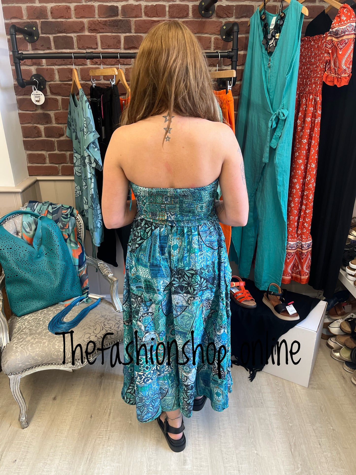 Rachel teal patchwork halter neck dress 8-14