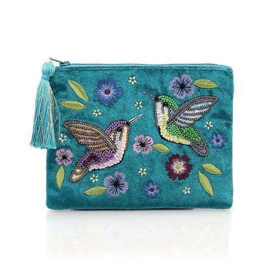 Pom Teal Velvet Pouch with Hummingbird Embroidery Cosmetic Bag