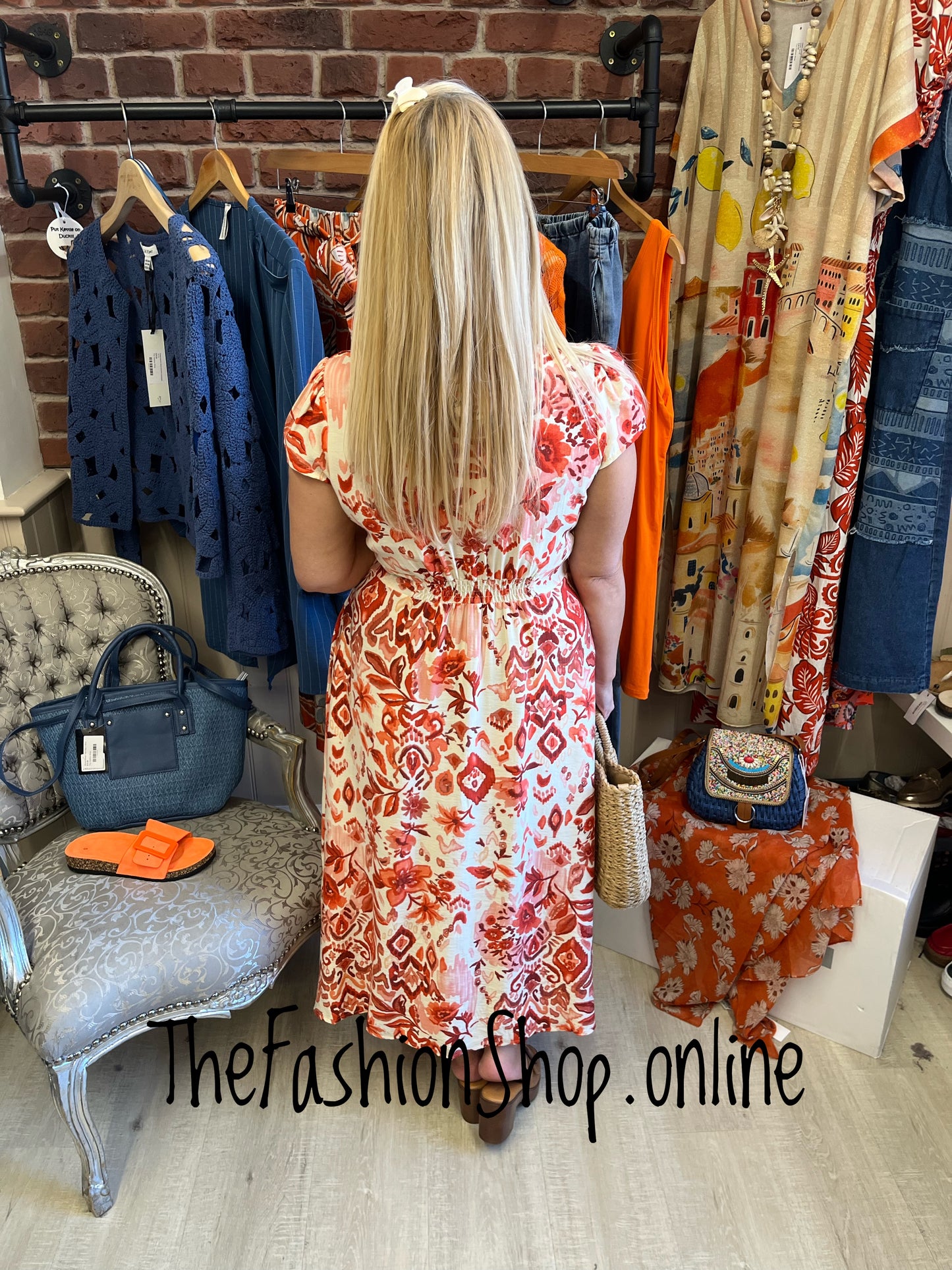 Ruby orange patterned midi dress sizes 10-16