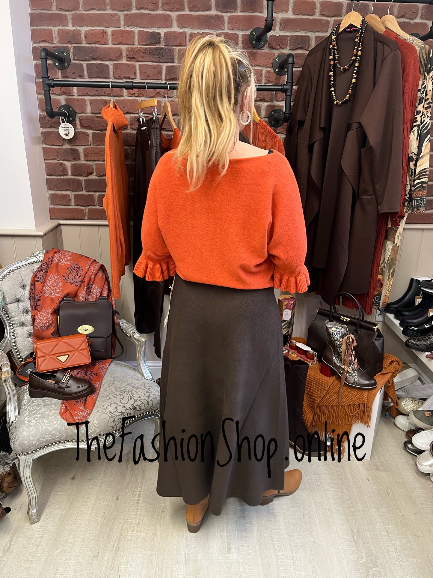 Tess burnt orange jumper with frill sleeve 8-14