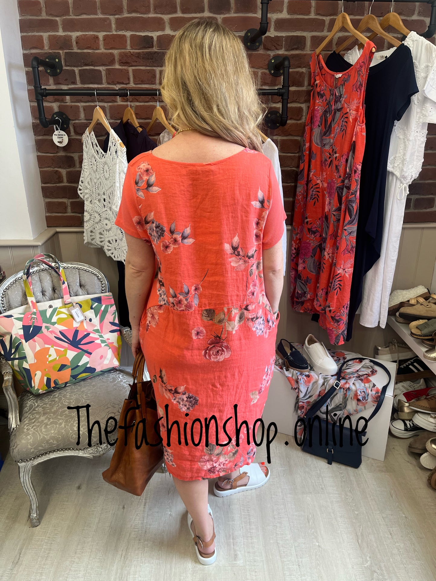 Helena coral linen floral dress 12-16