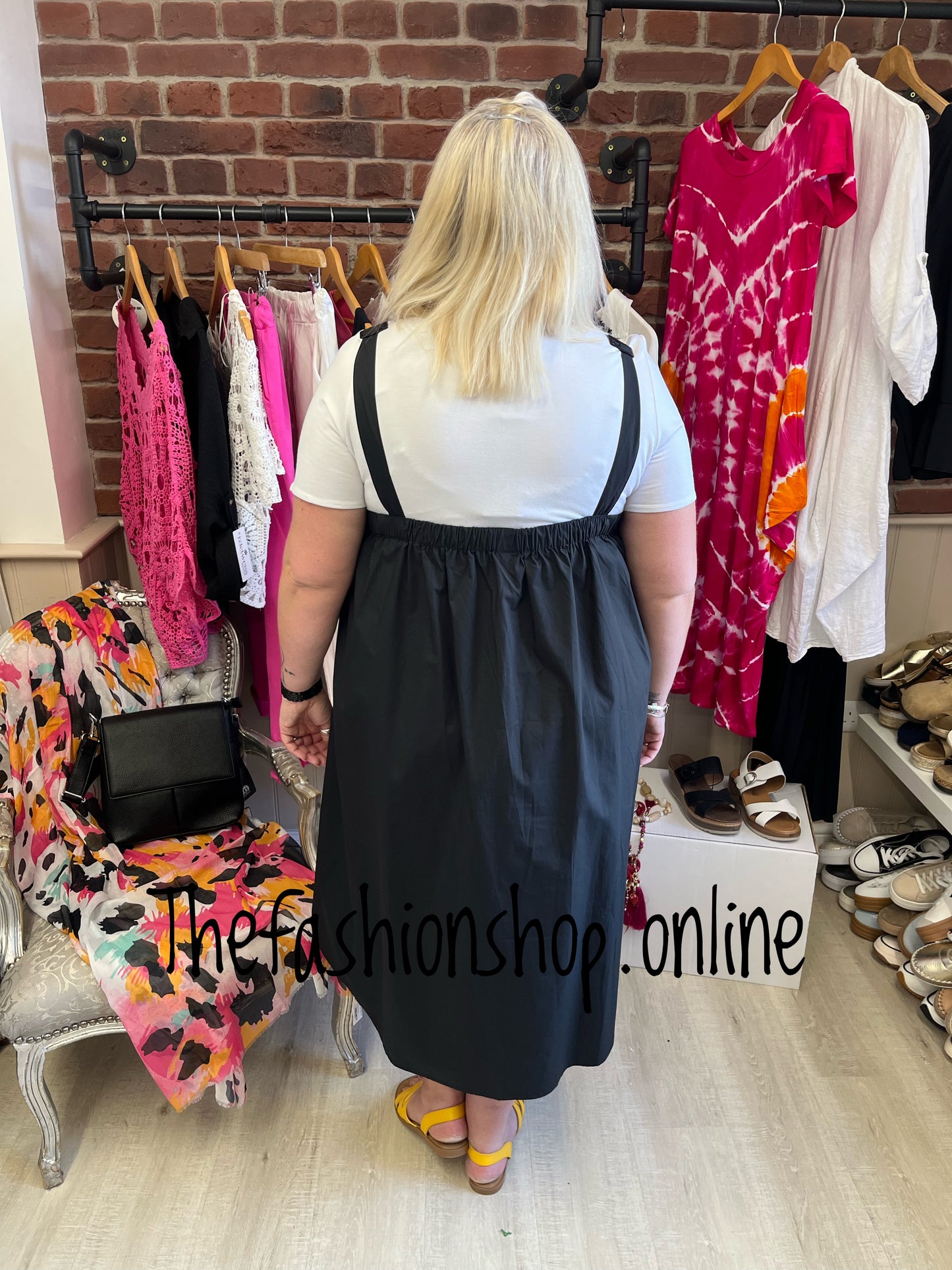 Fly Out black daisy pinafore dress in two colours 14-22