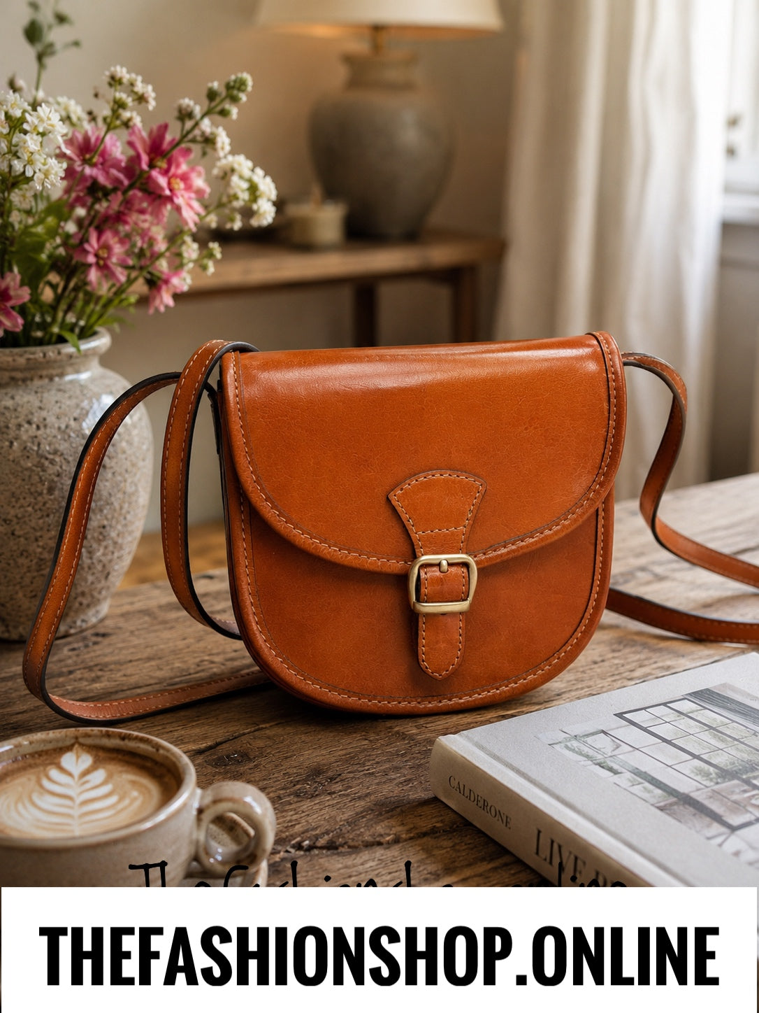 Vintage-Style Italian Leather Saddle Crossbody Bag in Tan