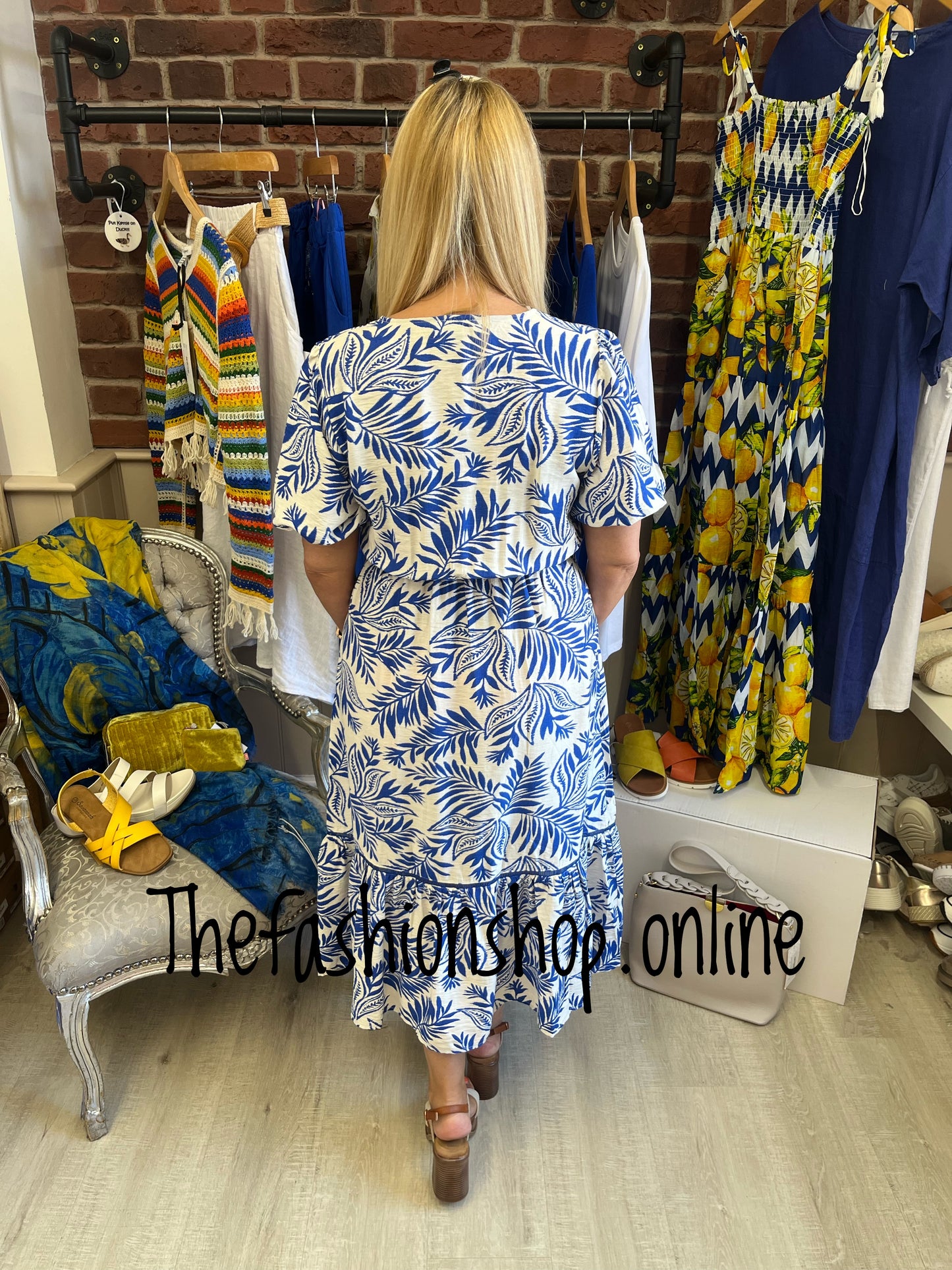 Nicola royal blue and white palm dress 10, 12, 14 and 16