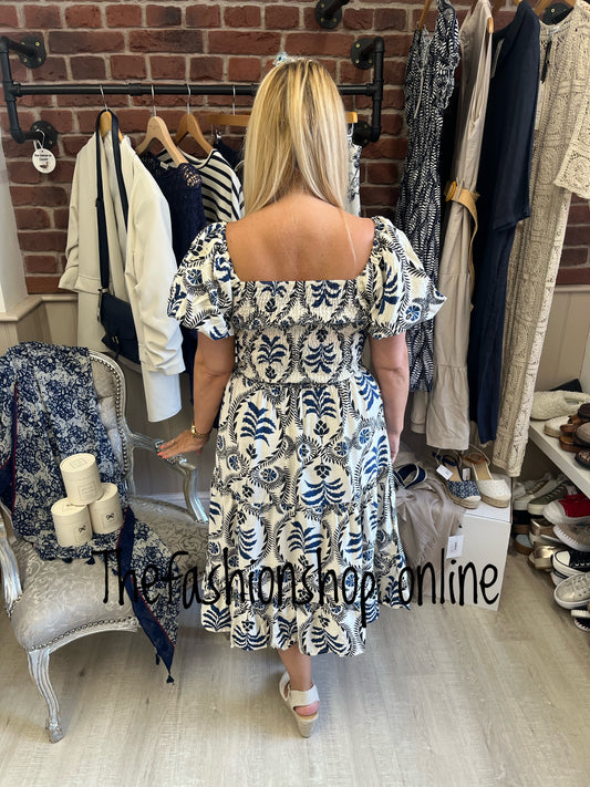 Darcy navy and cream midi dress sizes 8, 10 and 12