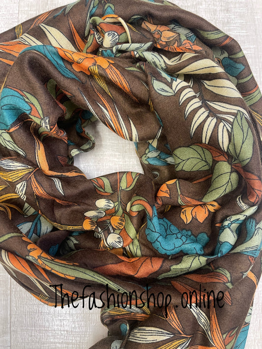 Brown mixed floral print scarf