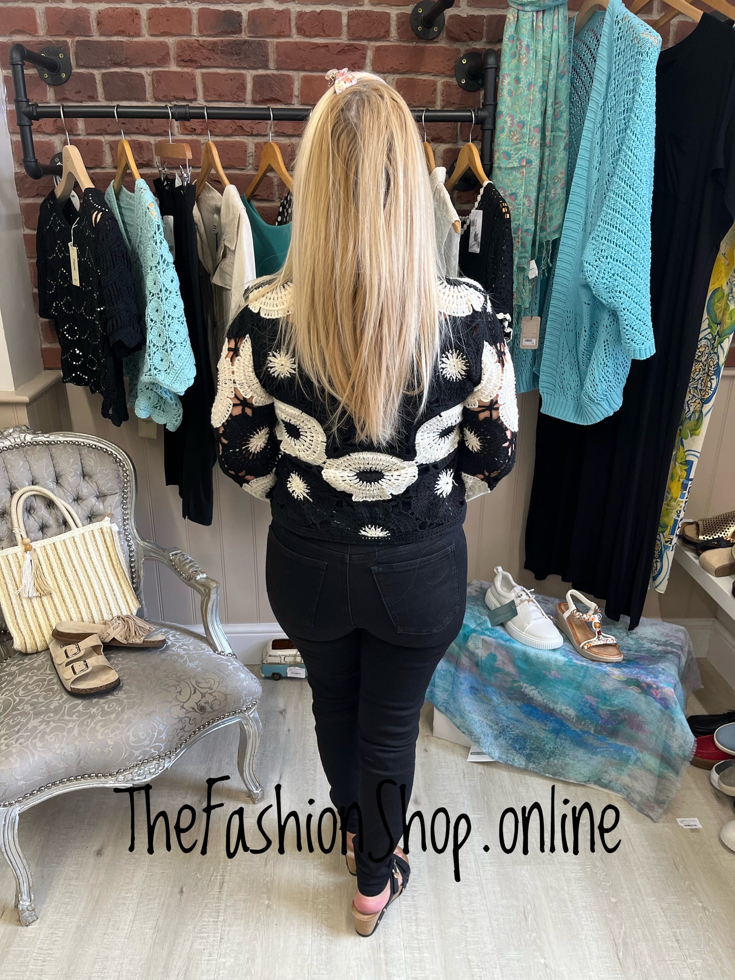 Lola black and cream embellished crochet top 8-14