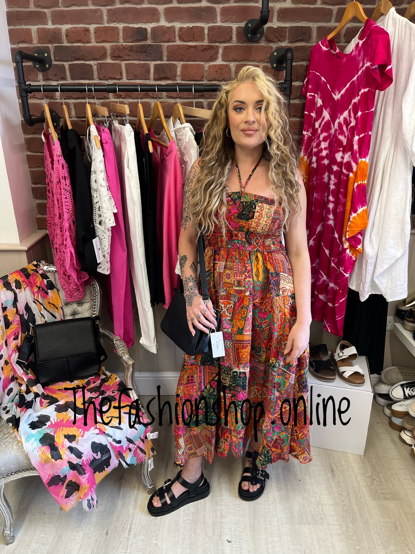 Rachel pink patchwork halter neck dress 8-14