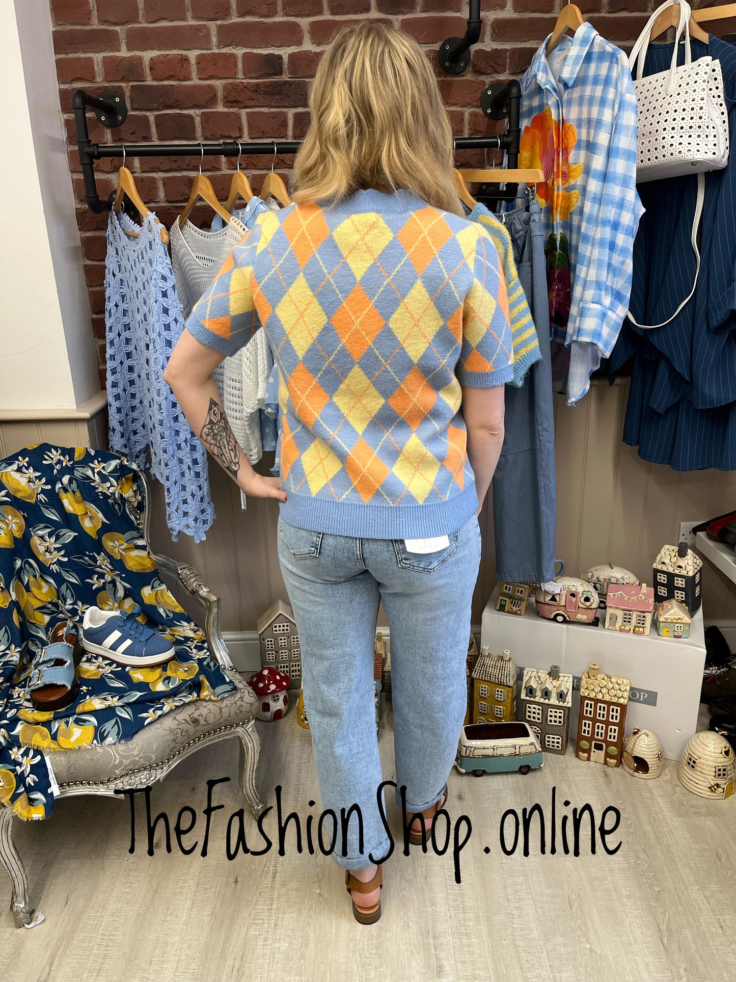 Orla blue, orange and yellow argyle knitted top 8-14