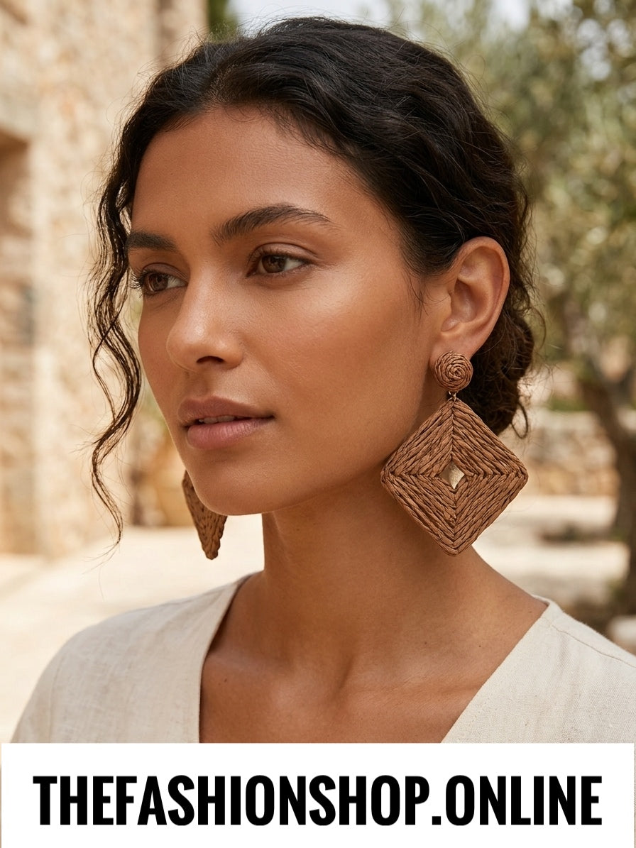 Sand Beige Woven Raffia Earrings Ultra light