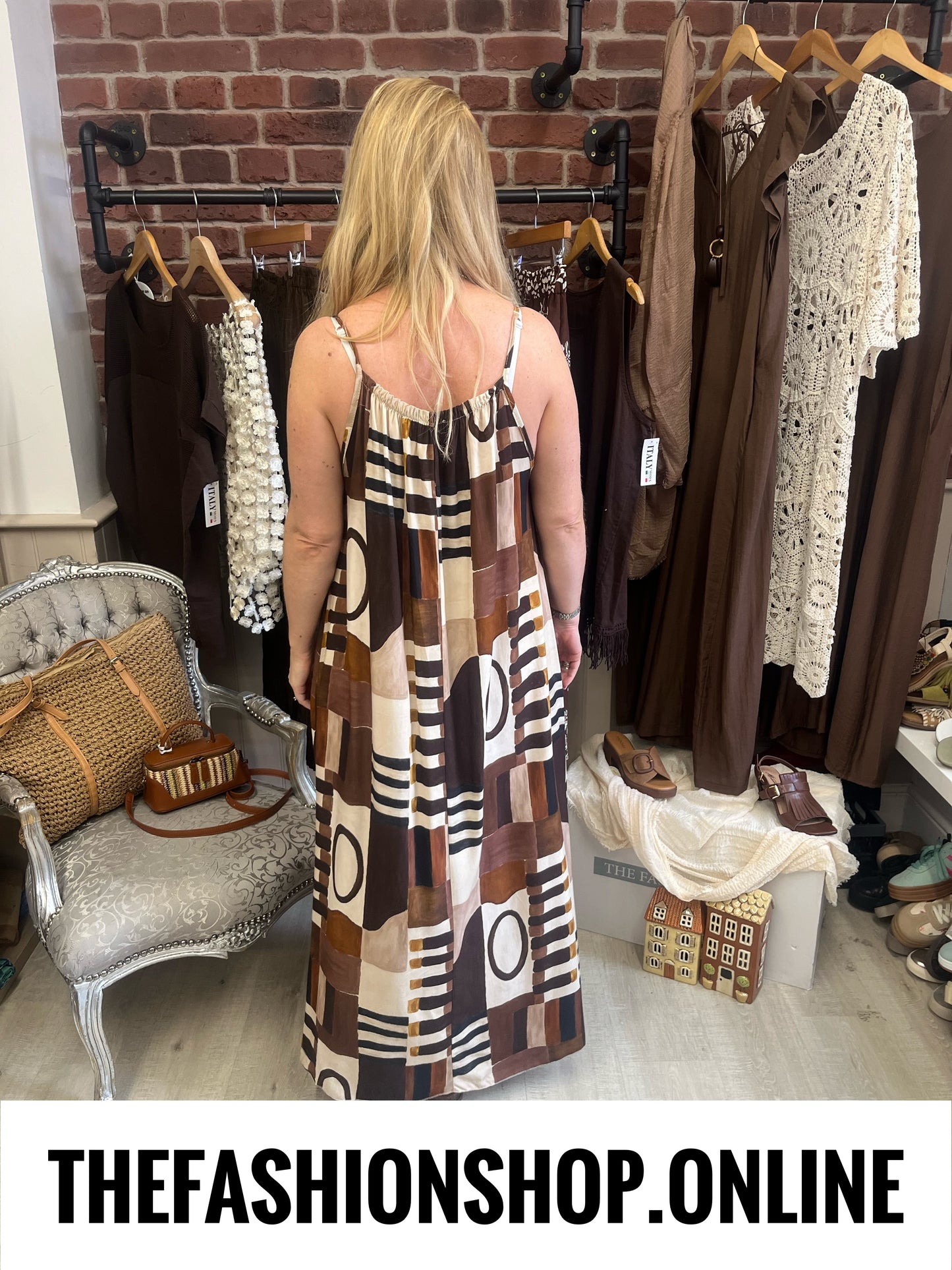 Aubrey camel and brown abstract print dress 10-16