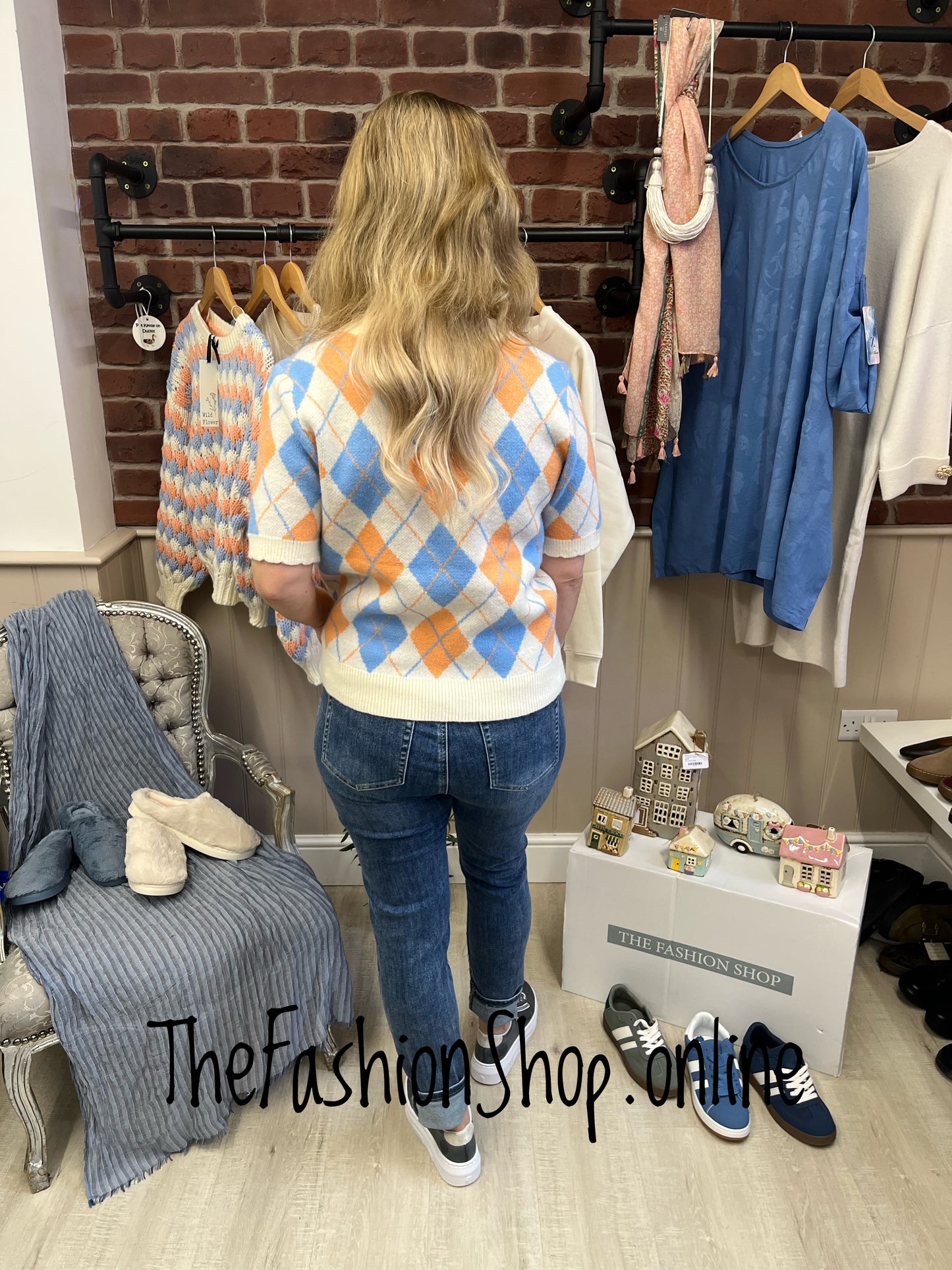 Orla peach, blue and cream argyle knitted top 8-14