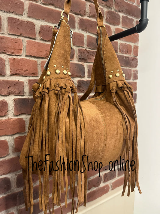 Jessie tan faux suede tassel bag