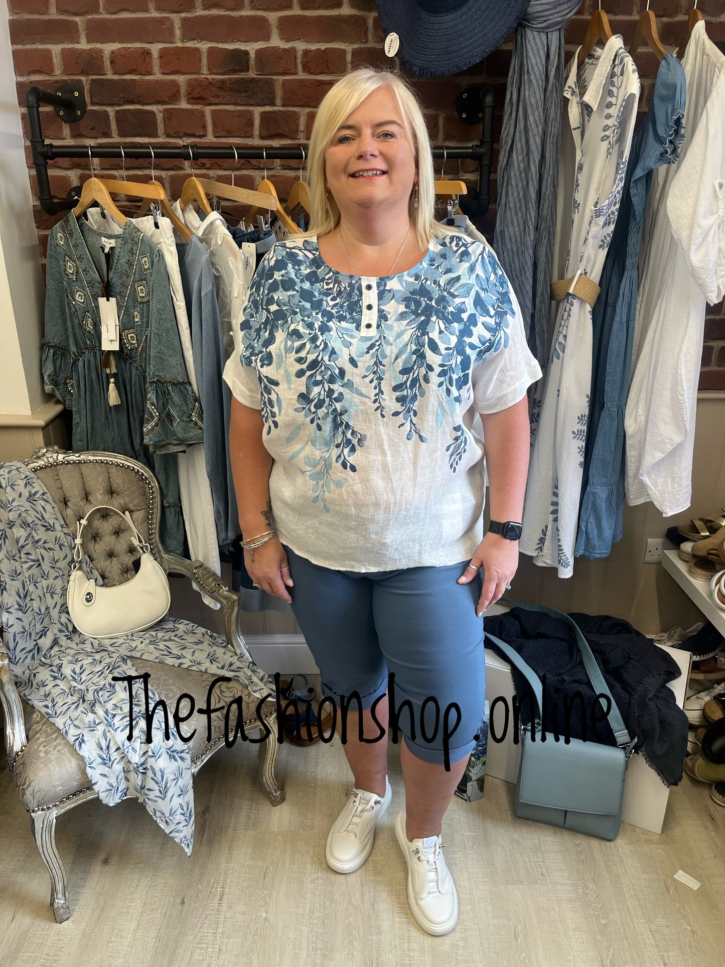Fly Out blue and white linen high low top 14-18