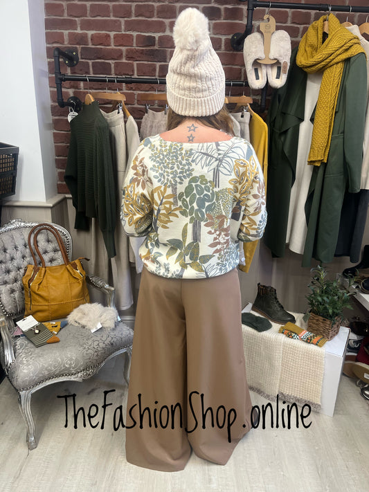 Hallie khaki leaves V neck wool mix jumper 8-14